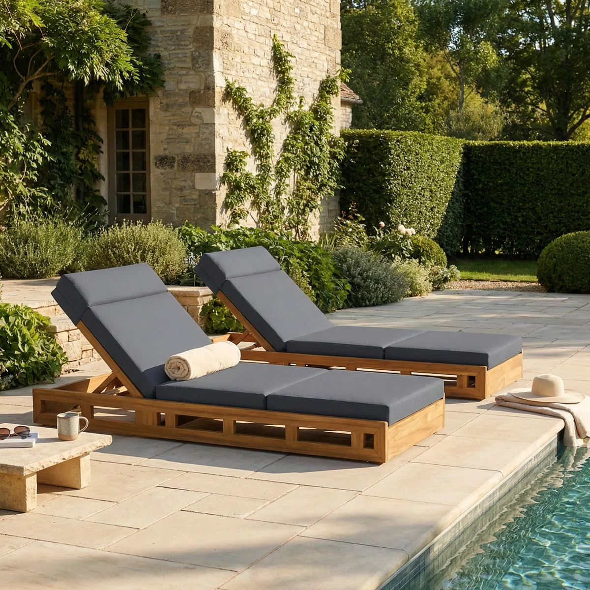 Hofstetter Patio Adjustable Acacia Wood Patio Chaise Lounge With Cushion | Wayfair North America