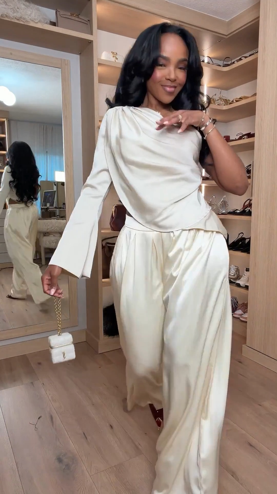 Polished neutrals done right — this silky cream set is the definition of effortless elegance. The draped one-shoulder top paired with flowy satin pants creates a flattering, elevated silhouette that moves beautifully. Styled multiple ways, this is one of those pieces where the cost per wear keeps dropping. @meshki

Perfect for date night, holiday dinners, cocktail parties, or elevated evening events.

📏 Sizing:
Wearing size Small  
Pants: 27 Long  

📐 Measurements:
5'4" | 138 lbs | 34D bust | 27" waist | 40" hips  

Save this post for a chic neutral outfit that works year-round. Satin matching set, elegant evening outfit, one-shoulder top styling, wide leg satin pants, neutral dressy outfit, elevated minimal look, holiday outfit idea, cocktail attire inspiration.

Follow me on Instagram and YouTube @kirasfashionfinds

