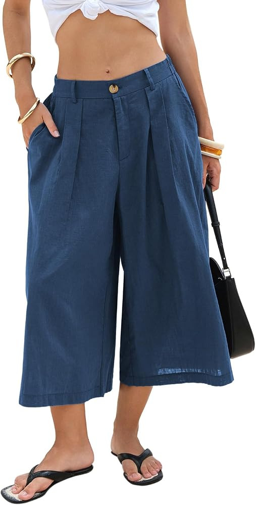 EXLURA Womens Linen Capri Pants Summer Wide Leg Palazzo Pant Cotton Dressy Casual Cropped Gaucho ... | Amazon (US)