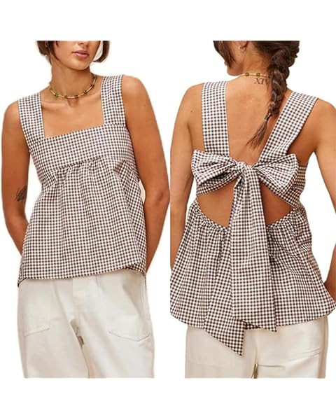 Women Y2k Going Out Tank Tops Gingham Square Neck Peplum Cami Tank Sleeveless Backless Shirt Bowt... | Amazon (US)