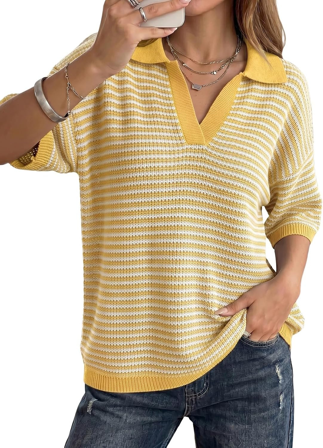 Dokotoo Women's Half Sleeve Striped Sweaters 2026 Collared V Neck Knit Top | Amazon (US)