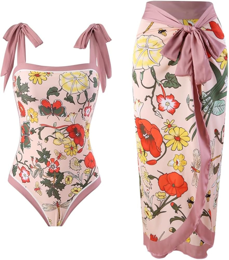 Women's One Piece Swimsuit with Cover up Set Beach Wrap Skirt Retro Floral Print Bathing Suit for... | Amazon (US)