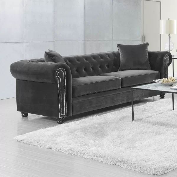 Avani 95'' Velvet Rolled Arm Chesterfield Sofa with Reversible Cushions | Wayfair North America