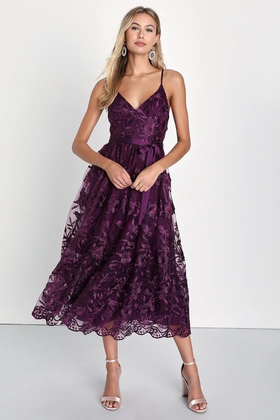 Pure Poise Dark Purple 3D Embroidered Tulle Midi Dress | Lulus