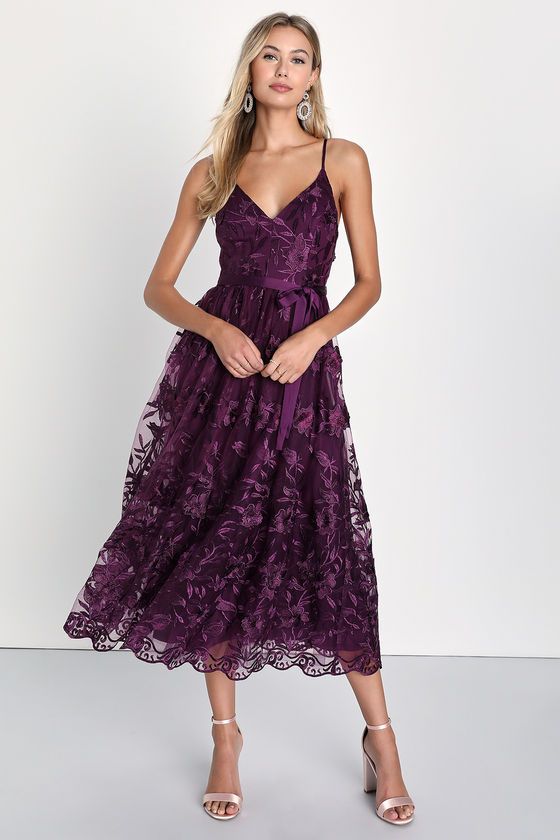 Pure Poise Dark Purple 3D Embroidered Tulle Midi Dress | Lulus (US)