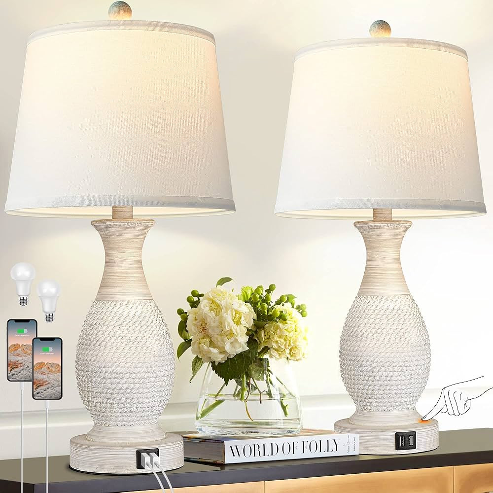 PARTPHONER Set of 2 Table Lamps with USB Ports, 26" Tall Farmhouse Living Room Lamp with 3-Way Di... | Amazon (US)