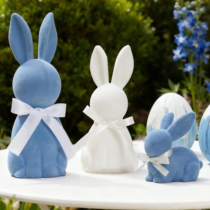 WDS WONDROUS Easter Decorations Bunny Figurines Set of 3, Flocked Rabbit Statues with Bows, Blue ... | Amazon (US)
