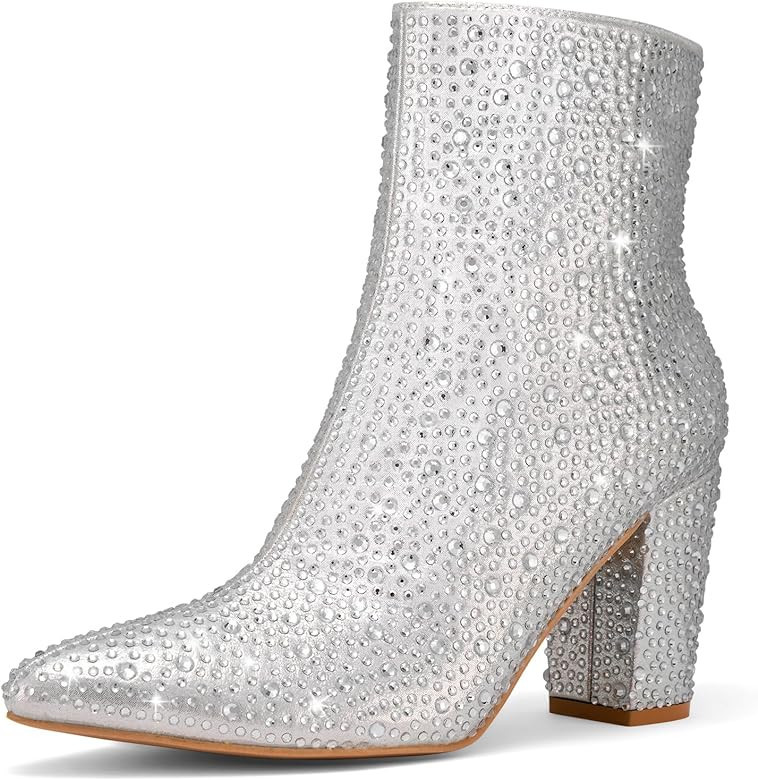 Rollda Rhinestone Boots for Women Glitter Ankle Boots Pointed Toe Block Chunky Heel Boots Sparkly... | Amazon (US)