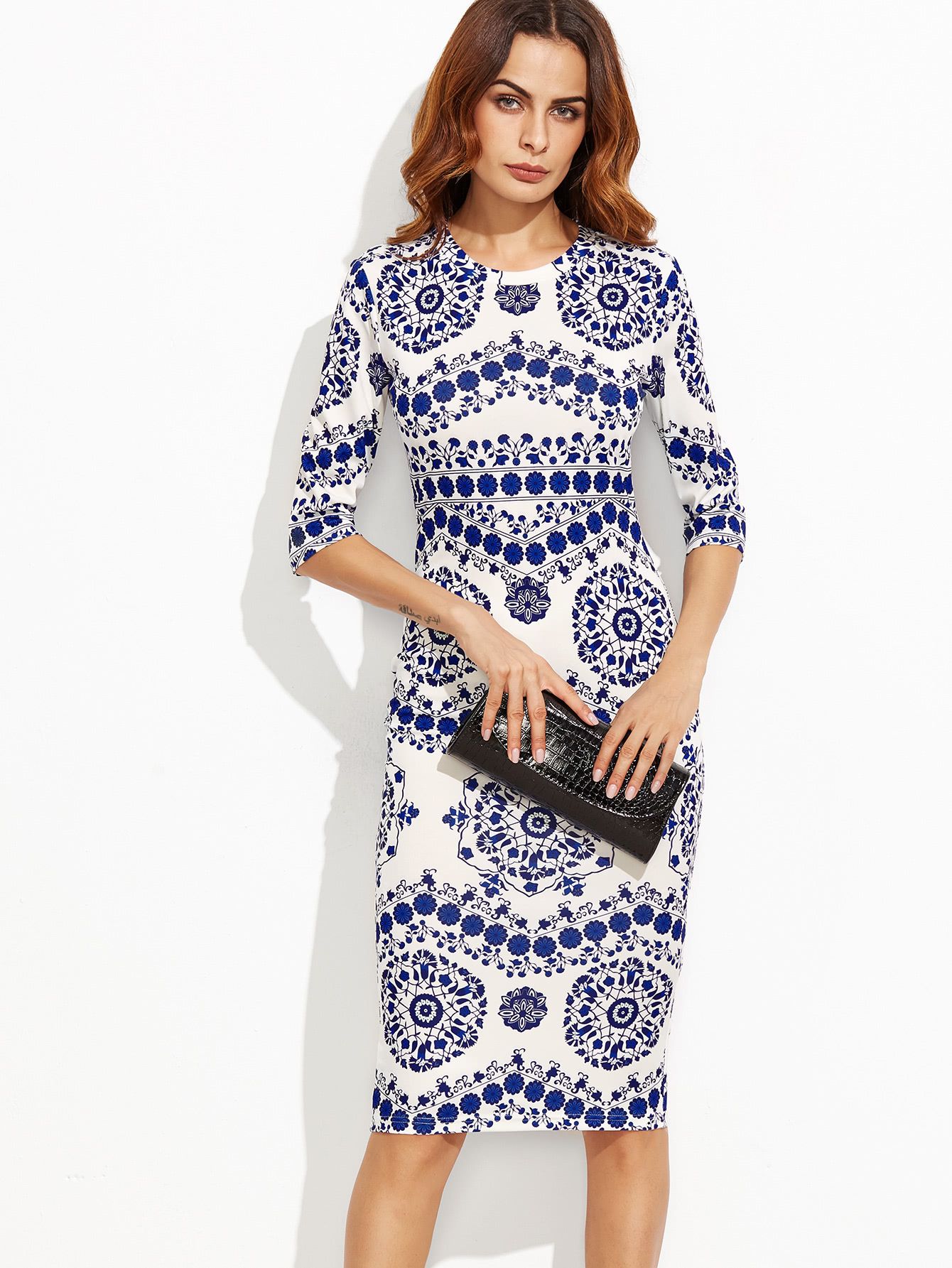 Porcelain Print Pencil Dress | ROMWE