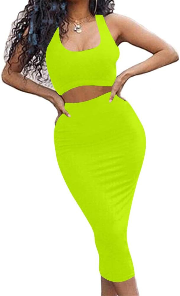 GOBLES Women's Sexy Summer Outfits Bodycon Tank Top Midi Skirt 2 Piece Dress | Amazon (US)