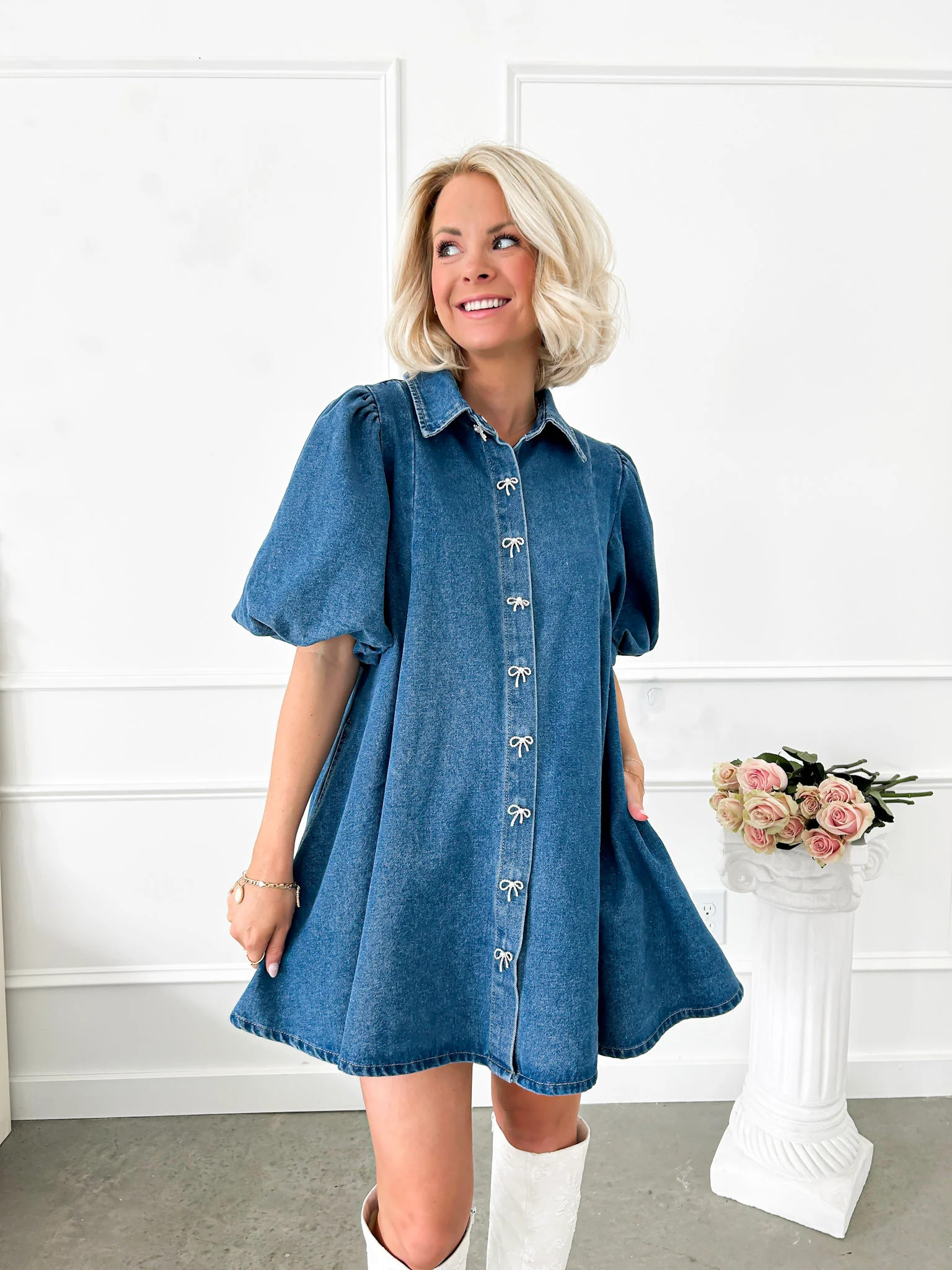 Remember This Denim Bow Mini Dress Small | Flourish in Frills