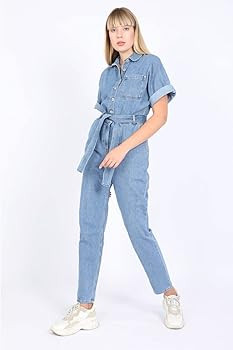 Banny Jeans ® Blue Denim jumpsuits for women Short Sleeve Belted Collared Neck Button down women... | Amazon (US)
