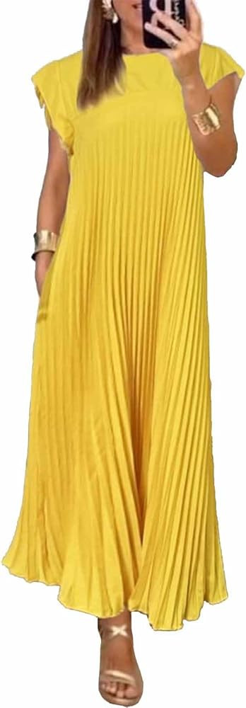 Sleeveless Pleated Simple Solid Color Dress, Women Pleated Simple Solid Color Dress, Summer Sleev... | Amazon (US)