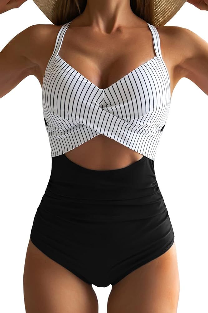 Eomenie Women's One Piece Swimsuits Tummy Control Cutout High Waisted Bathing Suit Wrap Tie Back ... | Amazon (US)
