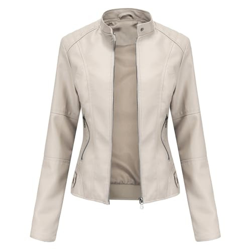 DEAR MODEL Faux Leather Jacket Women Bomber Jacket Women's Belted Motorcycle Jacket,Cream,XXL | Amazon (US)