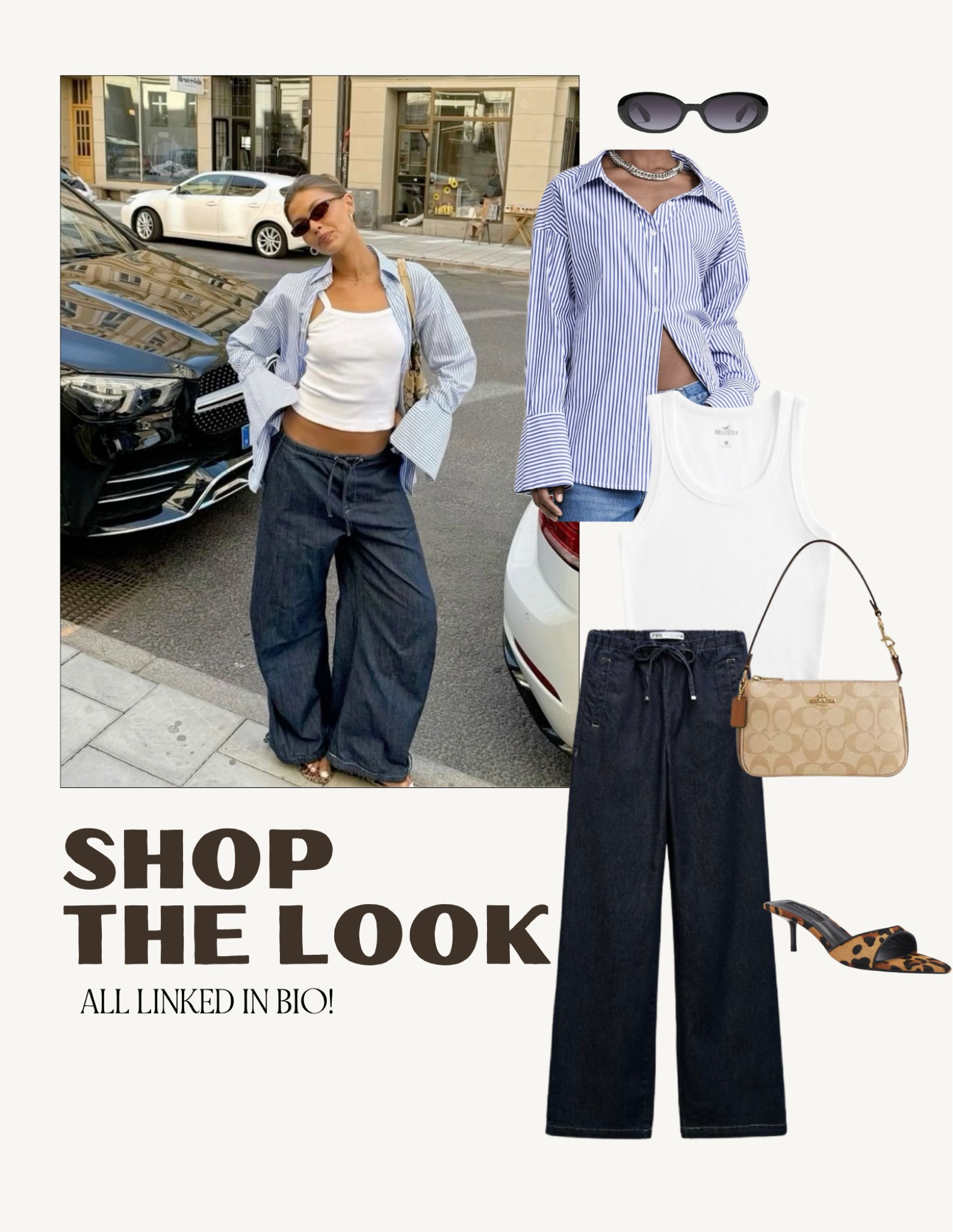 fall fashion outfit ideas: basic tee, oversized button down shirt, coach bag, cheetah heels, denim sweatpants