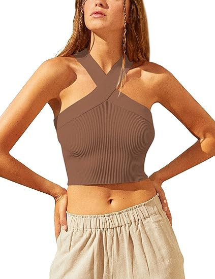 SAFRISIOR Women Y2K Crisscross Halter Crop Top Sleeveless Backless Solid Ribbed Knit Cropped Tank... | Amazon (US)
