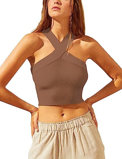 SAFRISIOR Women Y2K Crisscross Halter Crop Top Sleeveless Backless Solid Ribbed Knit Cropped Tank... | Amazon (US)
