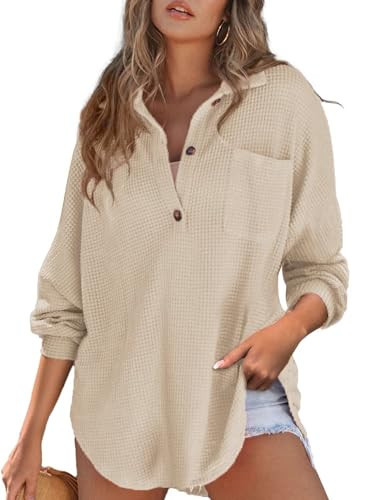 Astylish Women Oversized Waffle Shirts V Neck Long Sleeve Loose Blouses Versatile Button Lightweight Pullover Light French Beige Large | Amazon (US)