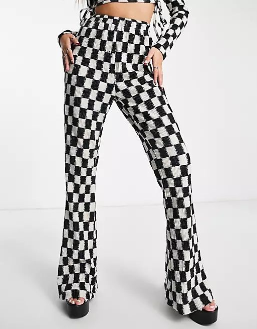 Daisy Street high waist trousers in checkerboard velvet plisse co-ord | ASOS (Global)
