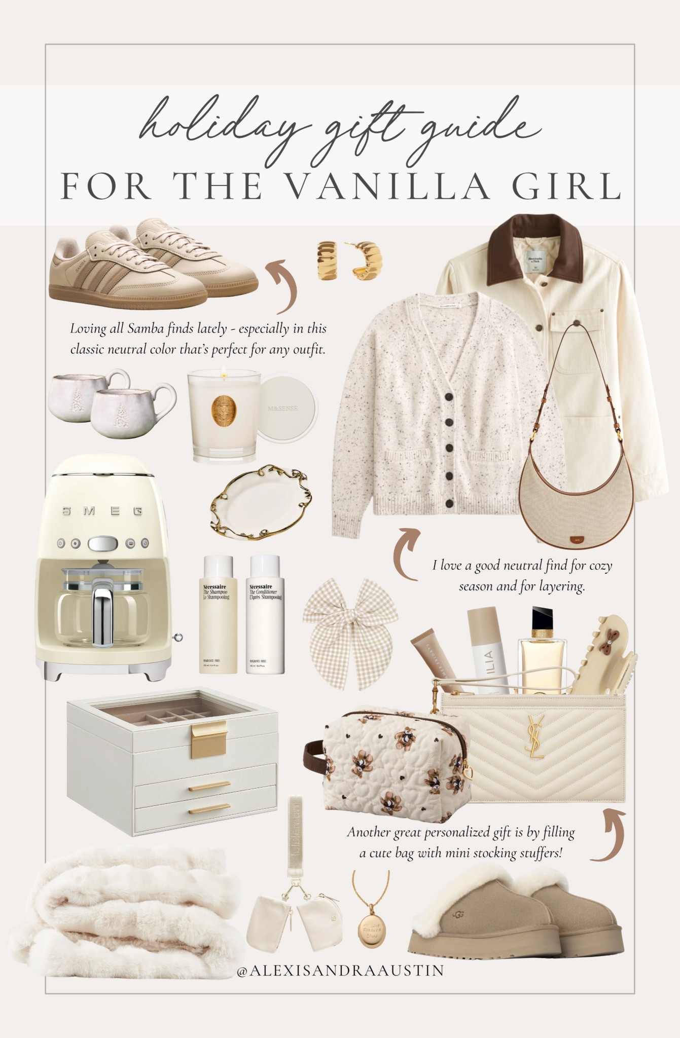 Gift guide for the vanilla girl! Loving these trendy, neutral inspired looks perfect to add to any gift.

Holiday gift guide, vanilla girl gift guide, trending gift finds, neutral gifts, cream sweater, outerwear, adidas, Smeg, stocking stuffers, makeup bag, jewelry box, shampoo favorites, uggs, cozy slipper, candle favorites, shop the look!

#LTKHoliday #LTKSeasonal #LTKGiftGuide