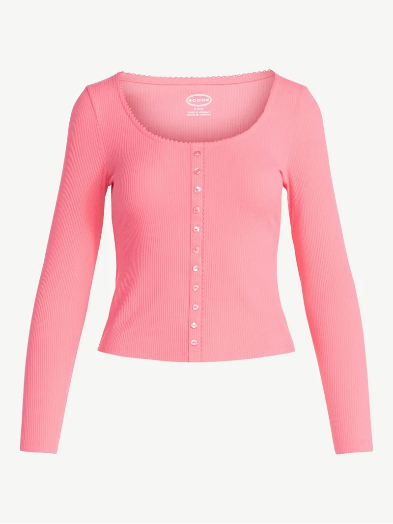 Scoop Women’s Lace Trim Scoop Neck Ribbed Tee with Long Sleeves, Sizes XS-XXL | Walmart (US)