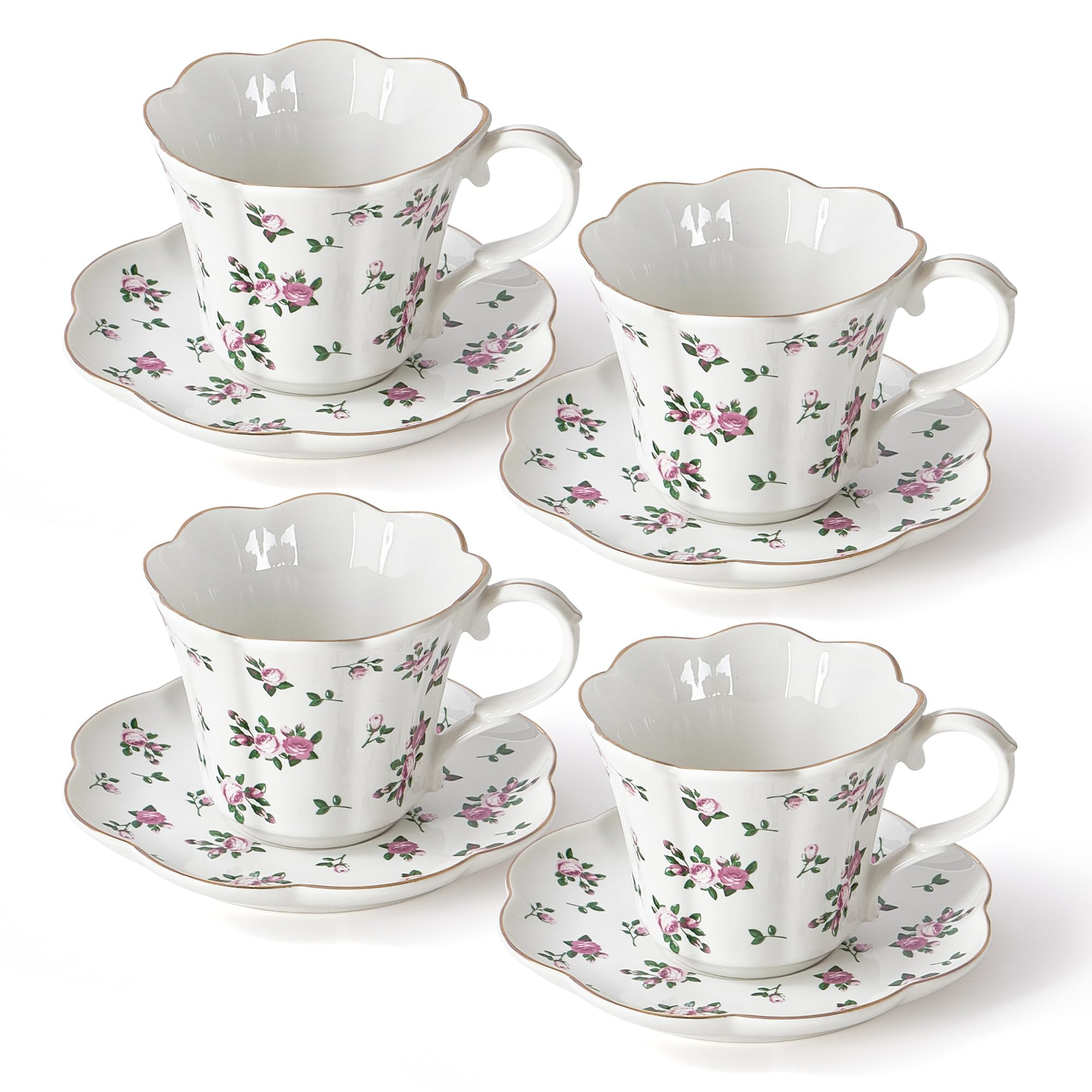 Floral Tea Cups and Saucers, 6oz Ceramic Teacup Set of 4, Elegant Scalloped Edge Coffee Cups for ... | Amazon (US)