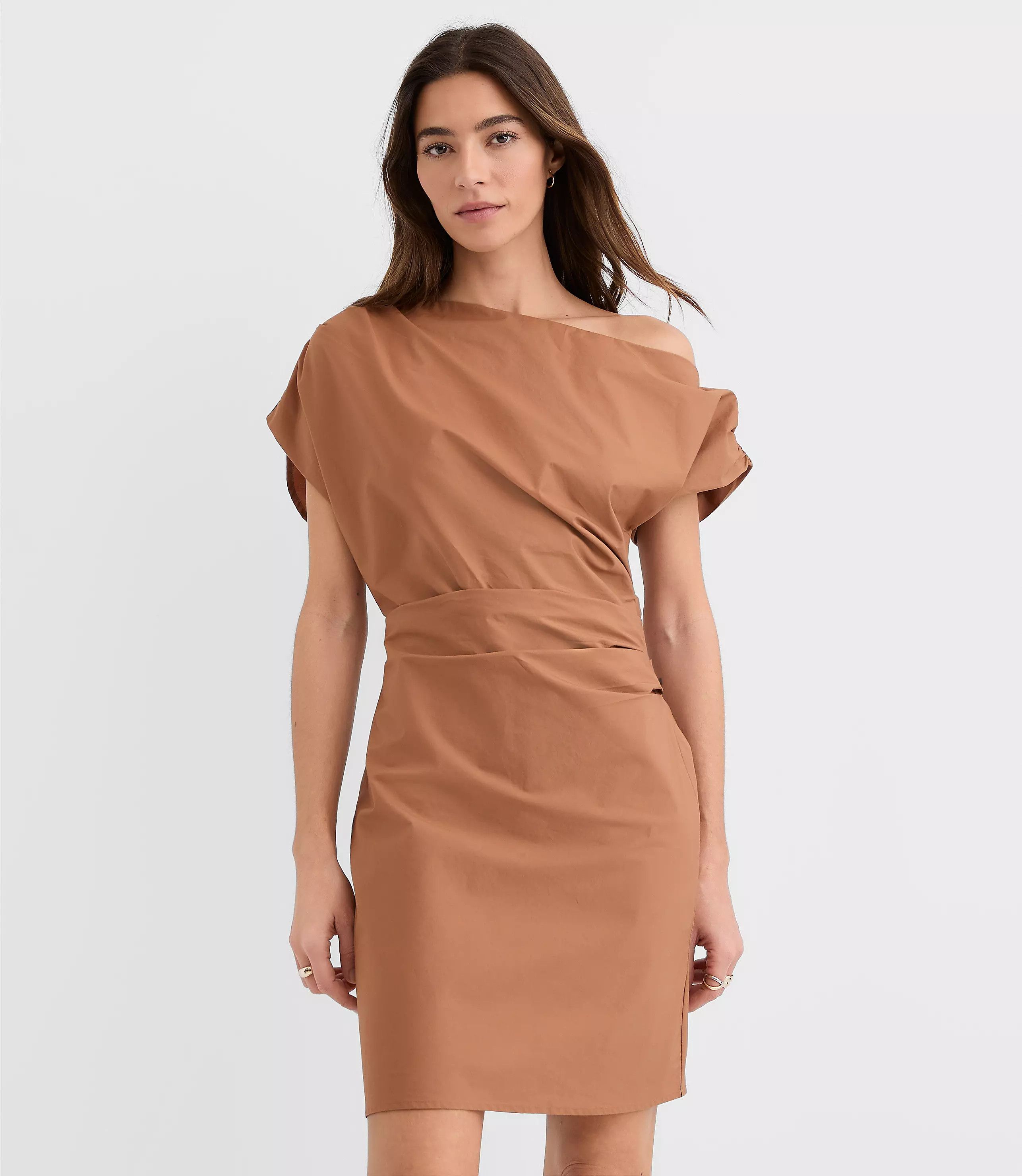 Poplin Asymmetrical Ruched Mini Dress | LOFT