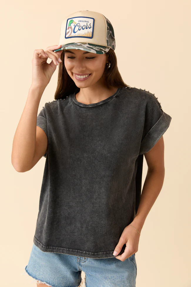 Kamryn Studded Short Sleeve Black Acid Wash Tee | Pink Lily
