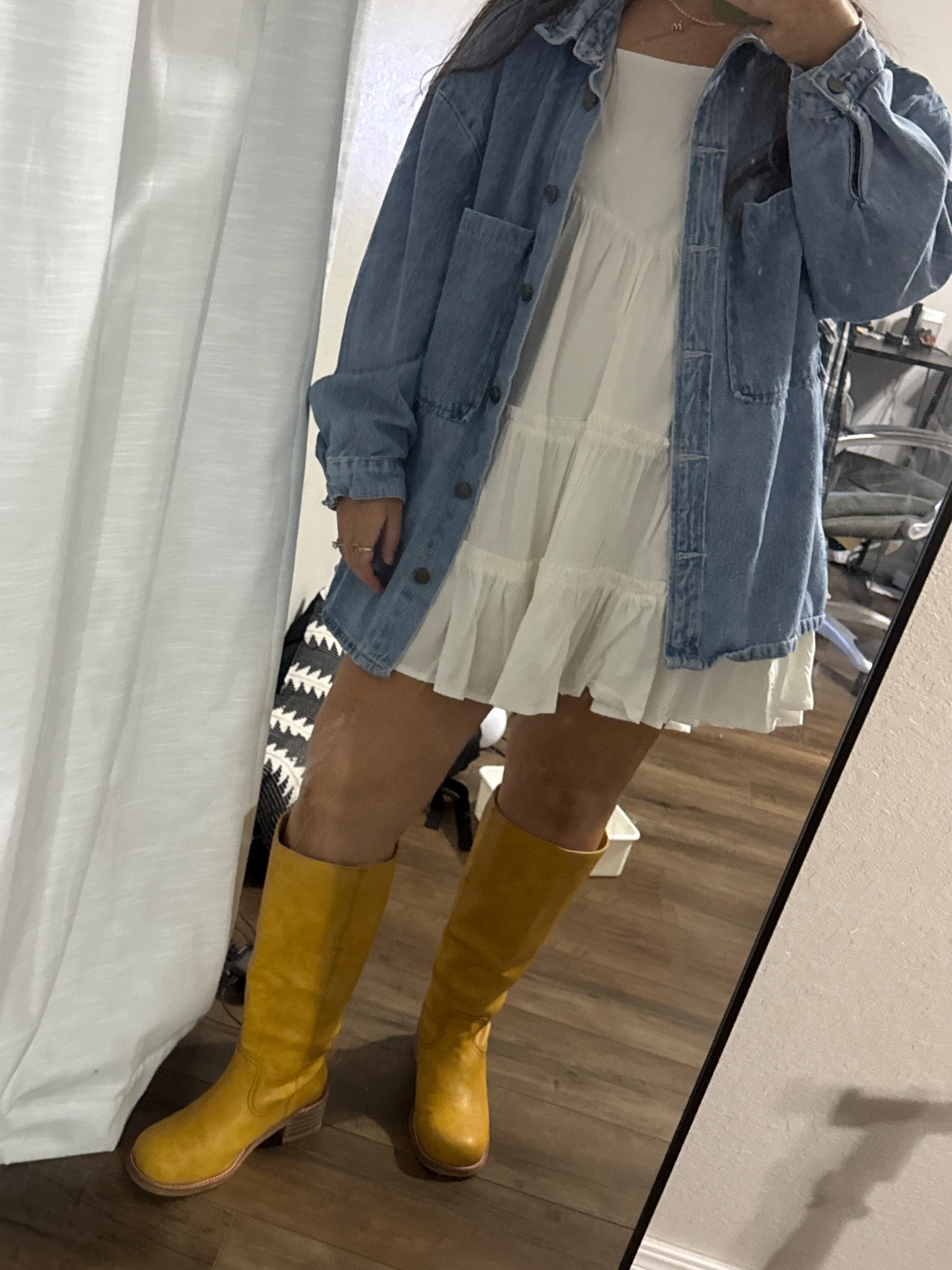 BABY SHOWER OUTFIT | CASUAL | WHITE DRESS | DENIM JACKET | BANANA BOOTS | BOOTS | FALL OUTFIT 

#LTKPetite #LTKParties #LTKStyleTip