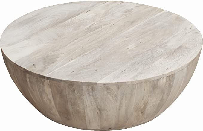 The Urban Port 12-Inch Height Round Mango Wood Coffee Table, Subtle Grains, Distressed White | Amazon (US)