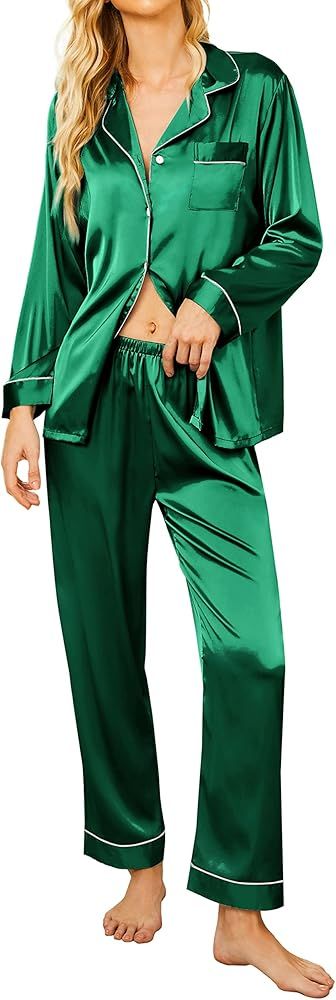 Ekouaer Silk Pajamas Women's Long Sleeve Sleepwear Satin Soft Button Down Loungewear Pjs Set S-XX... | Amazon (US)