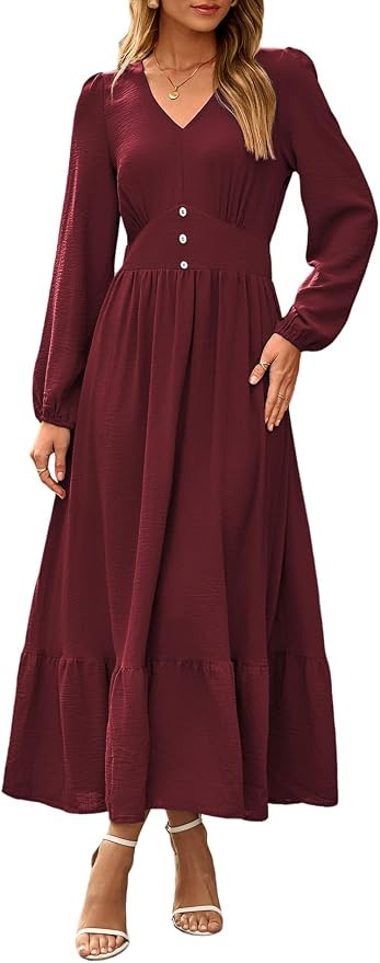 Dokotoo Womens Maxi Dresses Casual V Neck Elegant Flowy Tiered Dress | Long Lantern Sleeve,Ruffle... | Amazon (US)