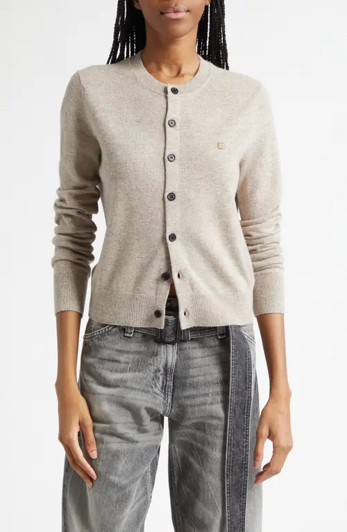 Acne Studios Face Patch Wool & Yak Hair Cardigan in Greige Melange at Nordstrom, Size Xx-Small | Nordstrom