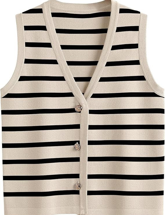 Women V Neck Sweater Vest Button Striped Knit Sleeveless Tops Summer Crop Crochet Tank Trendy Bus... | Amazon (US)