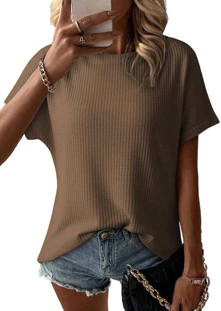 Dokotoo Women's Casual Boat Neck Short Sleeve Waffle Knit Shirts Loose Summer Tunic Tops Blouses | Amazon (US)