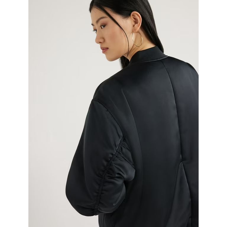 Scoop Women's Oversized Satin Bomber Jacket with Rouched Sleeves, Sizes XS-XXL | Walmart (US)
