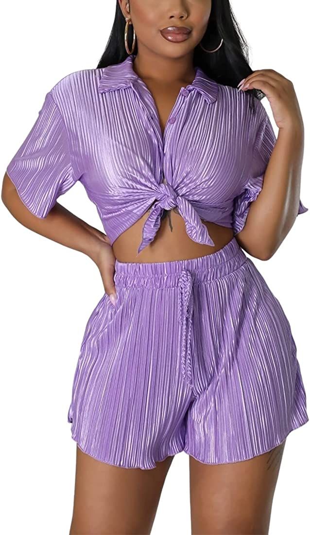 Women 2 Piece Pleated Sets Short Sleeve Pants Plisse Matching Colorful Outfits Summer Vacation Bu... | Amazon (US)