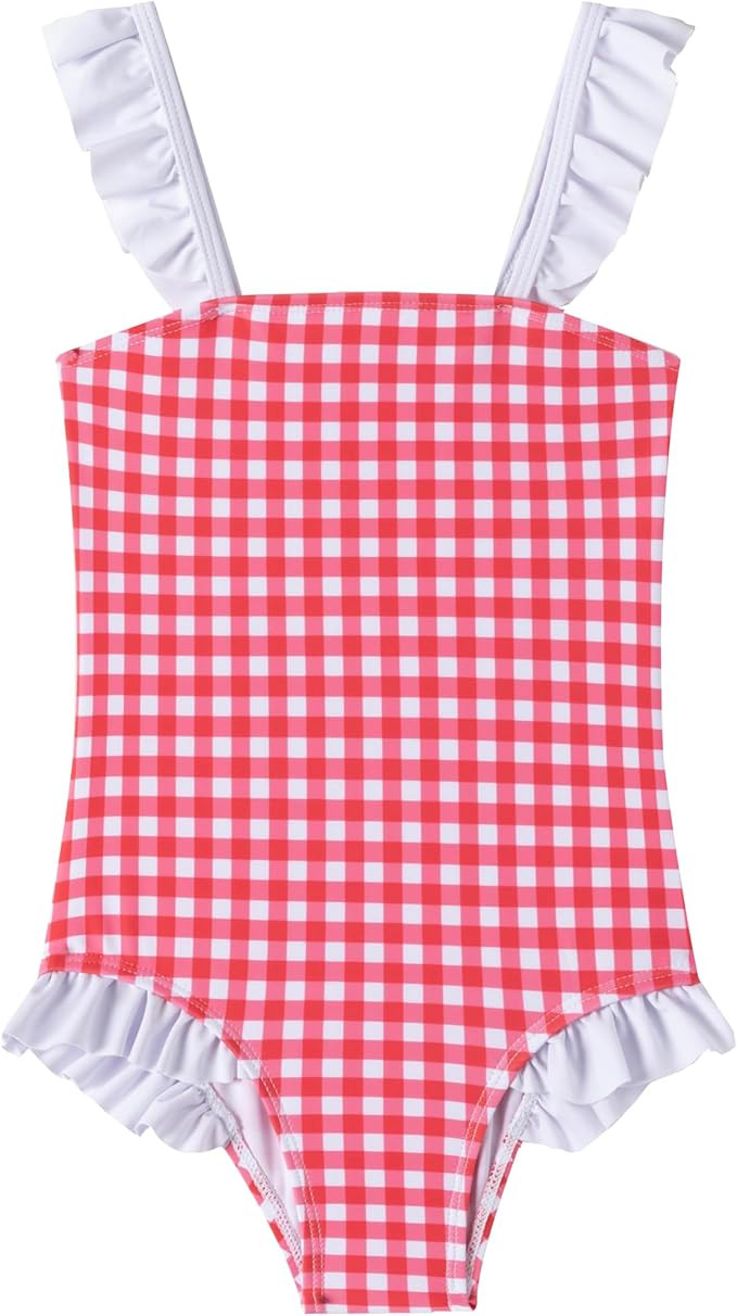 LIZENS Girls One Piece Swimwear Checker Print Ruffles Bathing Suit for Kids Size 2-12 | Amazon (US)