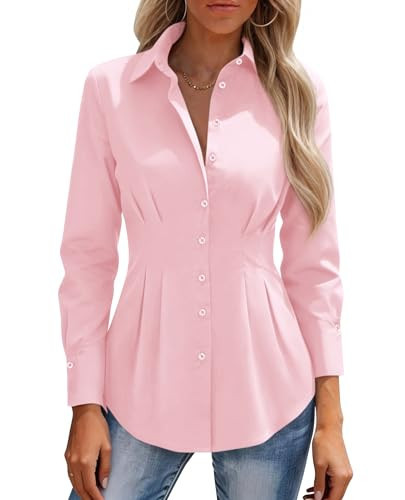 siliteelon Button Down Shirts for Women Cinched Waist Dress Shirt Cotton Long Sleeve Business Casual Work Office Blouse Pink | Amazon (US)