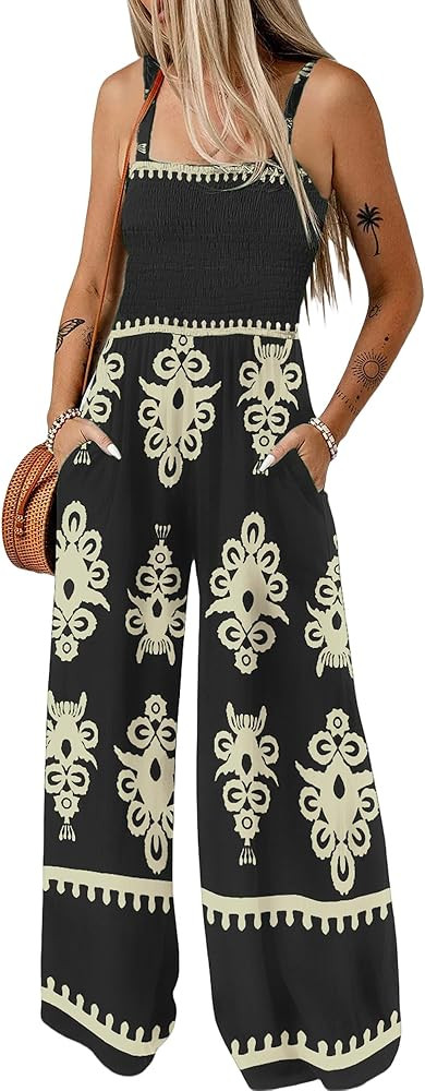 Bsubseach Women Boho Jumpsuits Sleeveless Floral Print High Waist Wide Leg Overalls with Pocket 2... | Amazon (US)