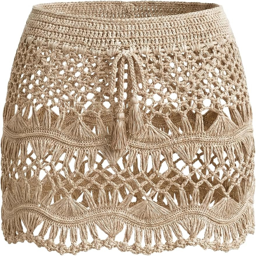 CUPSHE Women Crochet Coverup Skirt Drawstring Knit Mini Skirt Coverup for Swimwear | Amazon (US)