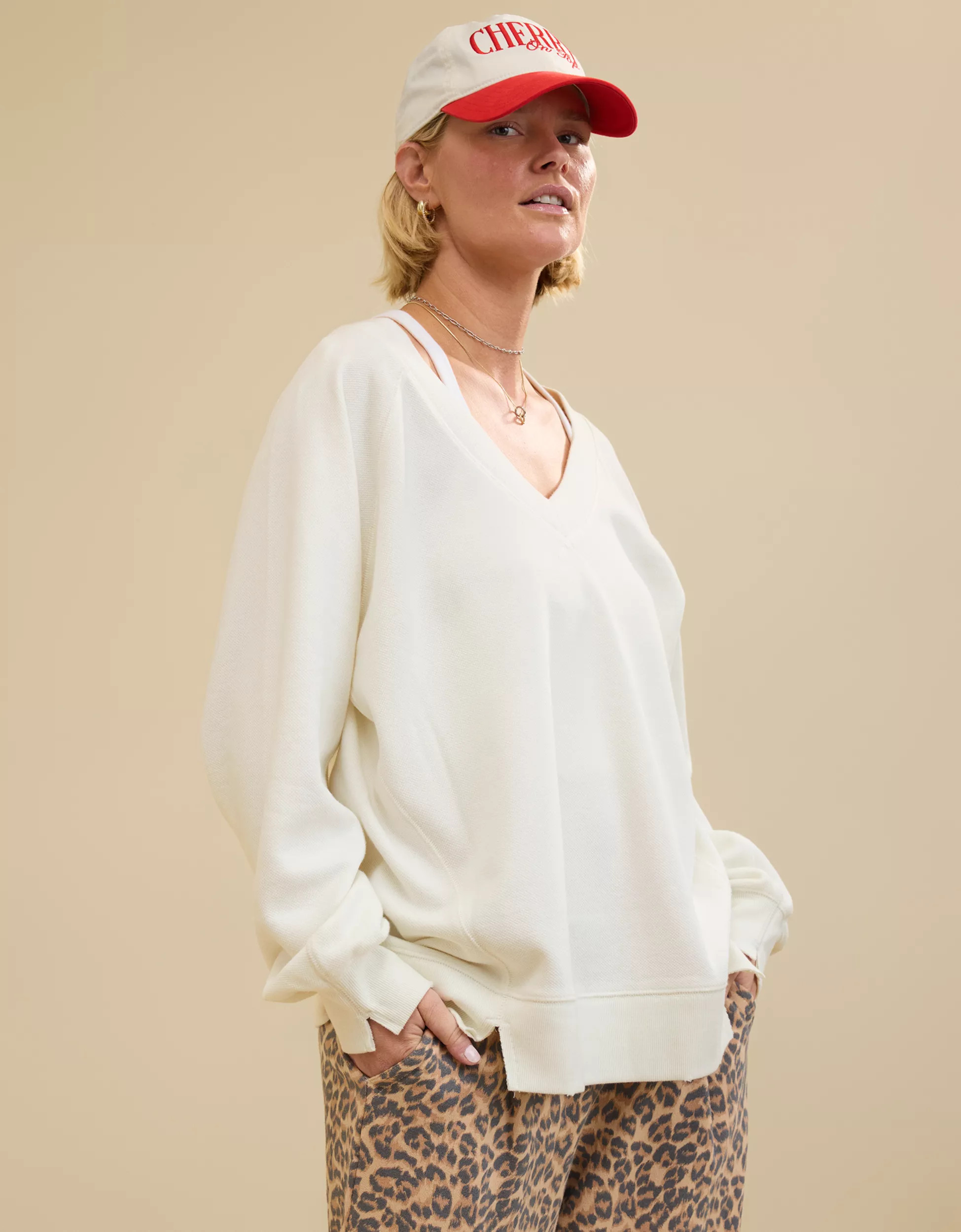 Aerie Downtime Textured V-Neck Sweatshirt | Aerie