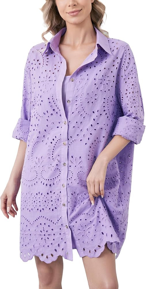 Women Hollow Out Eyelet Button Down Lapel V Neck Long Sleeve Ruffle Flowy Solid Oversized Loose M... | Amazon (US)