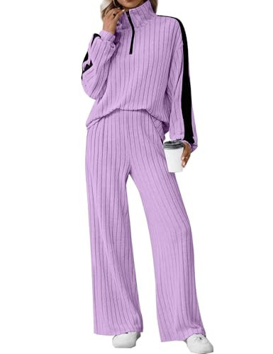JUSTFASHIONNOW Womens Sweatsuits 2 Piece Set Two Piece Travel Outfits Half Zip Sweatsuits Long Sleeve Sweatshirt Wide Leg Pants Soft Lounge Sets Winter Tracksuit (Purple, Large) | Amazon (US)