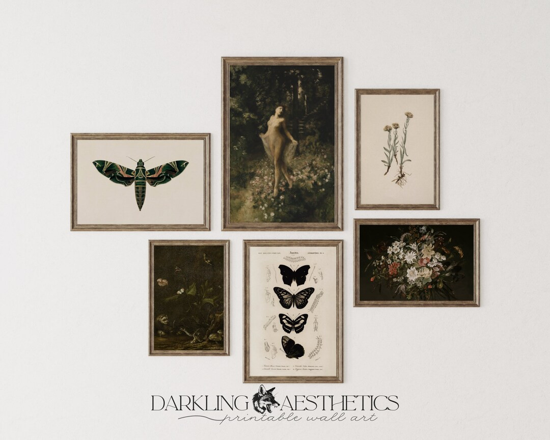 Set of 6 Cottagecore Prints Vintage Moody Nature Dark Academia Printable Gallery Wall Art Butterf... | Etsy (US)