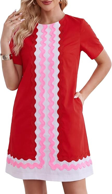Kedera Women's Summer Shift Dress Short Sleeve RIC Rac Trim Mini Dress Color Block A-Line Tunic S... | Amazon (US)