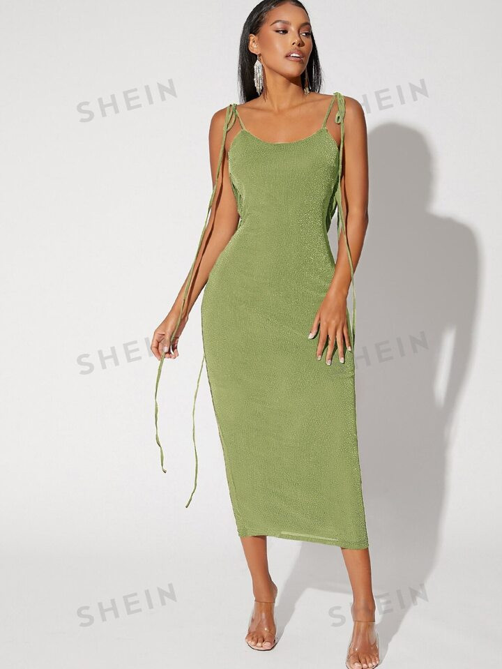 SHEIN BAE Tied Shoulder Backless Glitter Dress | SHEIN