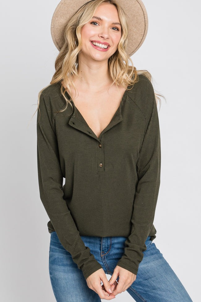 Olive Ribbed Button Front Top | PinkBlush Maternity