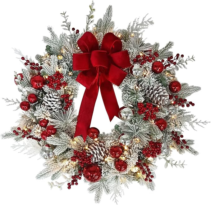 Puleo International 26" Battery-Operated Pre-Lit Decorated Artificial Wreath, Green/Red | Amazon (US)